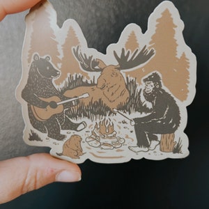 Sasquatch moos bear and a muskrat at  campfire outdoor camping sticker, big foot,  PNW, mountain, Laptop ' Stickers, Hydroflask Stickers