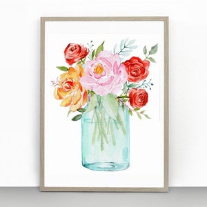 Druck von Original Aquarell: "Frühlingsblumen in Vase" - Fine Art Print oder Digitaler Download verfügbar - Mason Jar Rosen Poster