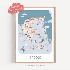 May include: A framed print of a map of Greece, featuring illustrations of landmarks and icons. The map is in soft pastel colors, with the word "Greece" at the bottom. A pink cloud-shaped graphic in the upper left corner reads "DIGITAL DOWNLOAD".