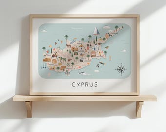 Mapa de Chipre para impressão: Pôster turístico ilustrado de Chipre (Personalização disponível)