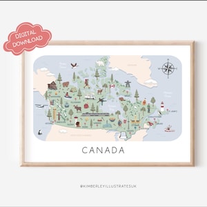 Peut inclure: Une affiche encadrée représentant une carte du Canada, ornée d'illustrations de monuments et d'animaux sauvages. La carte est dans des tons pastel doux avec le mot "CANADA" en bas. Un nuage rose dit "TÉLÉCHARGEMENT NUMÉRIQUE".