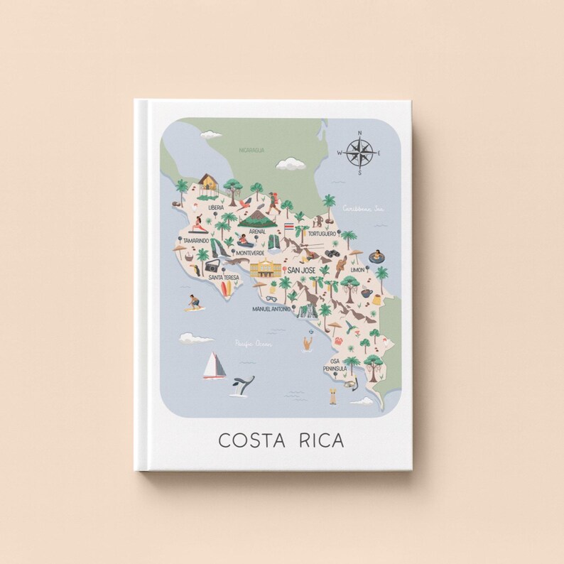 Illustrated Costa Rica Travel Map: Printable Costa Rican Wall Art ...