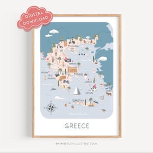 May include: A framed print of a colourful illustrated map of Greece, featuring landmarks and icons. The map is in pastel shades, with the word "Greece" at the bottom. A pink cloud-shaped graphic says "DIGITAL DOWNLOAD".