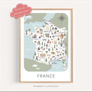 Könnte beinhalten: Ein gerahmter digitaler Druck von Frankreich, der eine illustrierte Karte mit Sehenswürdigkeiten und Symbolen zeigt. Die Karte enthält Städte wie Paris, Lyon und Marseille, mit einer Windrose oben rechts. Das Wort "FRANKREICH" steht unten.