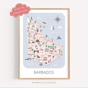 May include: A framed print of a map of Barbados, illustrated with landmarks and activities, with the word "BARBADOS" at the bottom. The print includes a compass rose, a sailboat, and the text "DIGITAL DOWNLOAD" in a pink cloud.