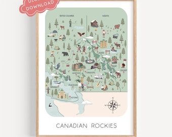 May include: A framed print featuring a map of the Canadian Rockies, with illustrations of landmarks and activities. The map includes the text "Canadian Rockies" and the words "Digital Download". The color palette is soft, with green, beige, and brown tones.