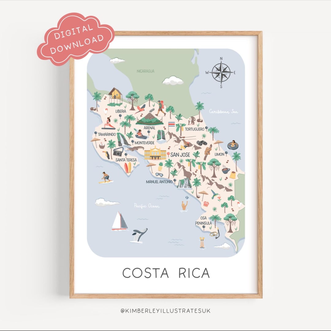 Illustrated Costa Rica Travel Map: Printable Costa Rican Wall Art ...
