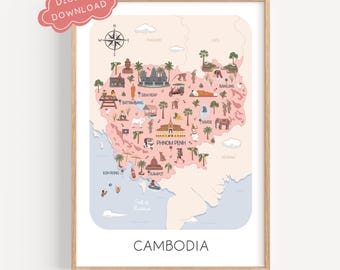 Illustrated Cambodia Travel Map: Printable Cambodian Wall Art Poster (Digital Download)