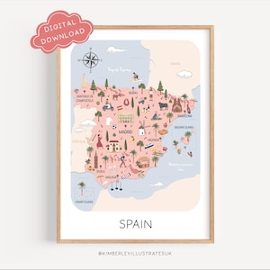 Op de afbeelding: Een ingelijste kaart van Spanje in lichtroze en blauwe kleuren. De kaart is geïllustreerd met iconen die verschillende locaties en activiteiten vertegenwoordigen. De woorden "DIGITALE DOWNLOAD" staan in een roze wolk linksboven. Het woord "SPANJE" staat onderaan.