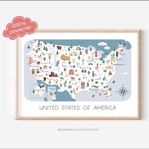 Può includere: Una mappa incorniciata degli Stati Uniti d'America, con illustrazioni di monumenti e città. La mappa è di colore azzurro, con una cornice in legno. Il testo include "United States of America" e "Digital Download".