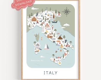 Illustrated Italy Travel Map: Printable Italy Wall Art Poster (Digital Download)