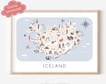 Mapa ilustrado de Islandia: Póster imprimible de arte mural (descarga digital)