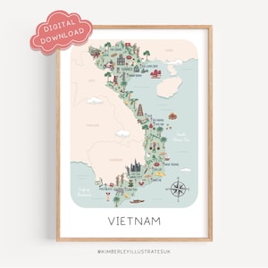 May include: A framed print of a Vietnam map, illustrated with landmarks and city names. The map uses pastel colours, with the country's name at the bottom. A pink cloud graphic in the top left corner reads "DIGITAL DOWNLOAD".