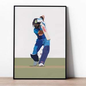 May include: A digital illustration of a cricket player in a blue uniform, wearing a helmet and swinging a bat. The player is in a batting stance on a green pitch.