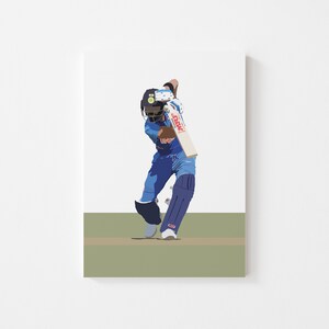 May include: A digital illustration of a cricket player in a blue and white uniform, swinging a bat with a red and white label. The player is wearing a blue helmet with a green logo and a blue and white pad on their left leg. The background is a green field.