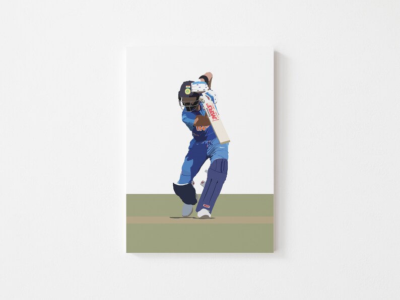 May include: A digital illustration of a cricket player in a blue and white uniform, swinging a bat with a red and white label. The player is wearing a blue helmet with a green logo and a blue and white pad on their left leg. The background is a green field.