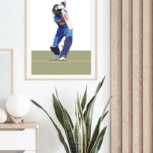 May include: A digital illustration of a cricket player in a blue and orange uniform swinging a bat. The player is wearing a helmet and is in a batting stance. The background is a green field.