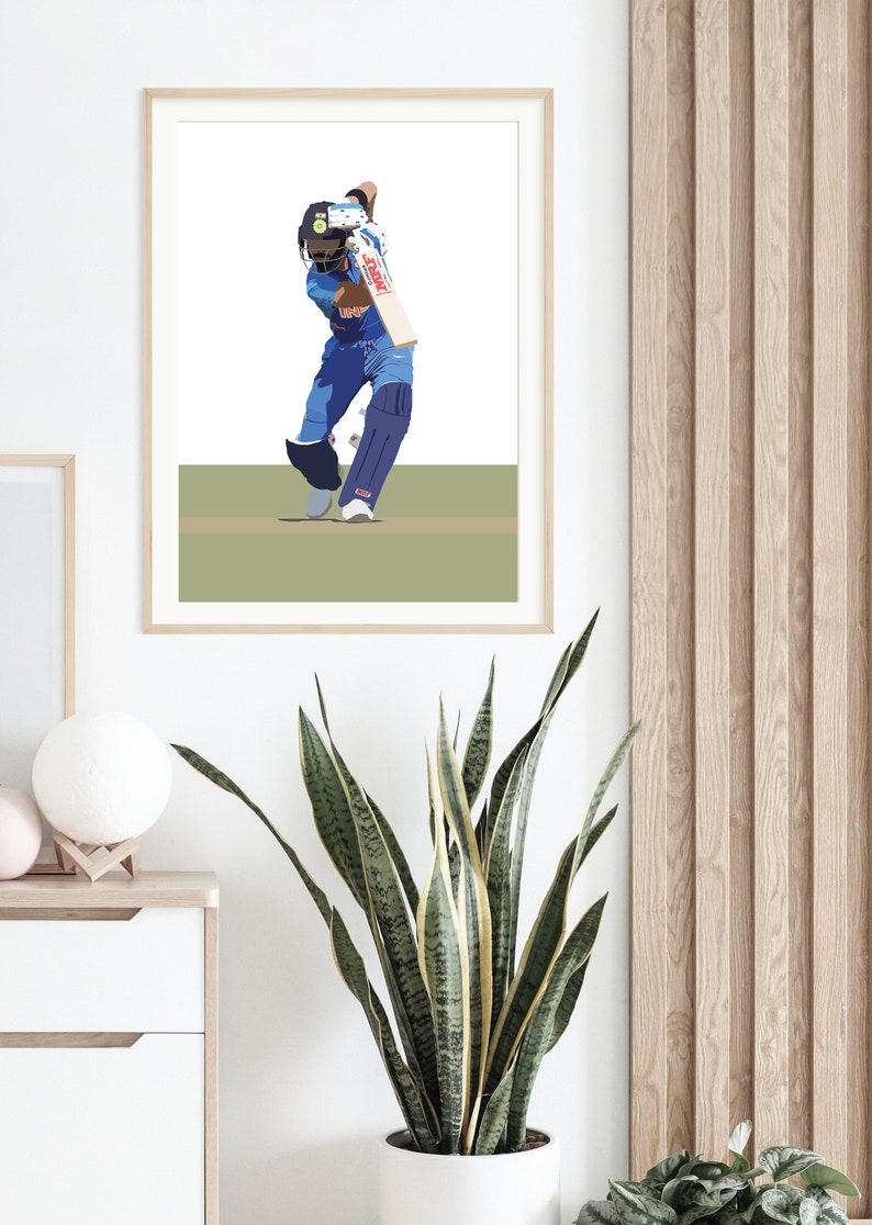 May include: A digital illustration of a cricket player in a blue and orange uniform swinging a bat. The player is wearing a helmet and is in a batting stance. The background is a green field.