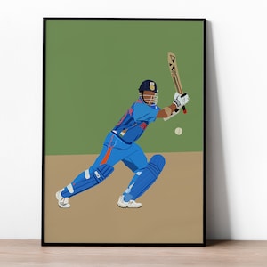 Könnte beinhalten: Eine digitale Illustration eines Cricketspielers in blauer Uniform mit orangefarbenem Band, der einen Helm trägt und mit einem Holzschläger schlägt. Der Spieler befindet sich auf einem braunen Feld mit grünem Hintergrund.