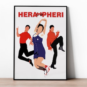 May include: A poster with a white background and the title "HERA PHERI" in red letters. Three figures are jumping in the air, one woman in a blue dress and two men in red and orange shirts and black pants.