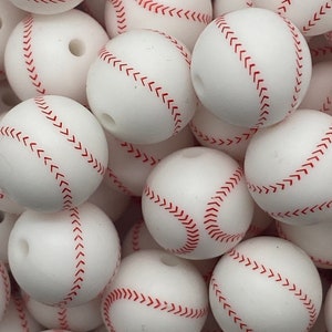 15mm Baseball Silicone Beads, Silicone Beads, Baseball Print Round Silicone Beads, Sports Silicone Beads