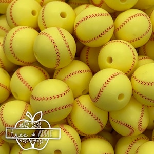15mm Softball Silicone Beads, Silicone Beads, Softball Print Round Silicone Beads, Sports Silicone Beads