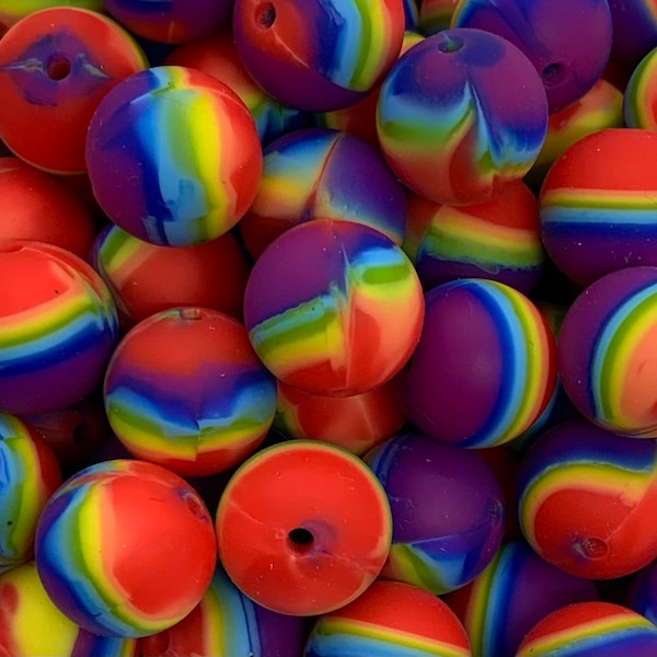 15mm Rainbow Swirl Silicone Beads, Silicone Beads, Marble Round Silicone Beads, Rainbow  Silicone Beads