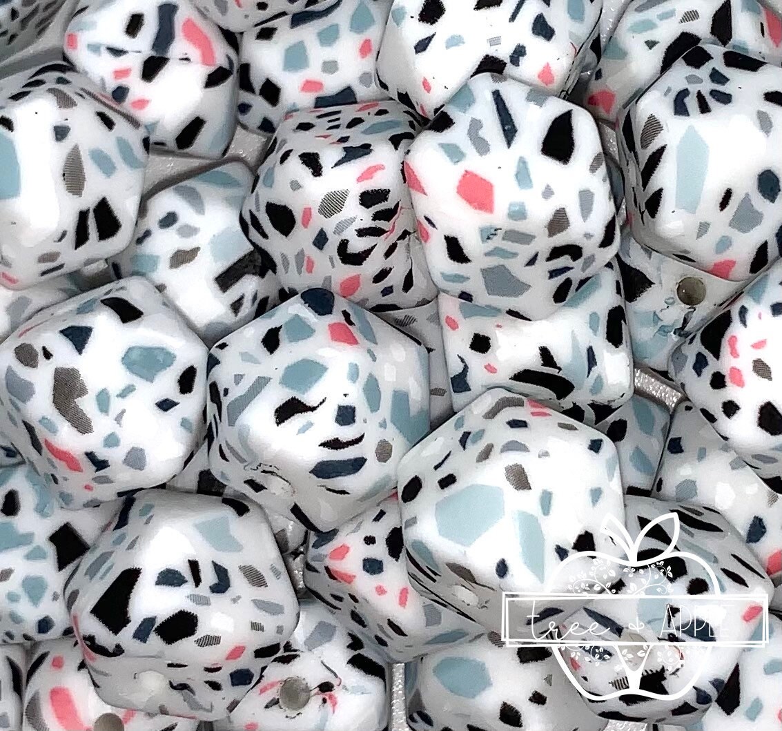 White Terrazzo silicone beads, 14mm White Terrazzo hexagon silicone b…