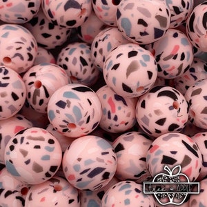 15mm Round Pink Terrazzo Silicone Beads, Terrazzo Silicone Beads,  Mosaic Print Round Silicone Beads, Pink Silicone Beads