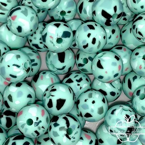 12mm Mint Terrazzo Silicone Beads, Terrazzo Silicone Beads,  Mosaic Print Round Silicone Beads, Mint Silicone Beads