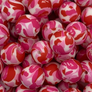 15mm Pink Camo Silicone Beads, Camo Silicone Beads,  Mosaic Print Round Silicone Beads, Silicone Beads