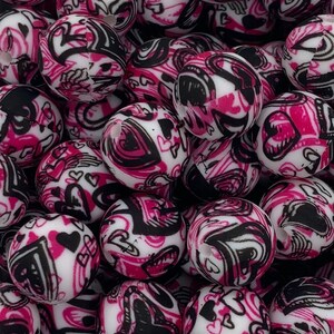 15mm Be Mine Silicone Beads, Heart Silicone Beads,  Mosaic Print Round Silicone Beads, Silicone Beads