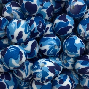 12mm Blue Camo Silicone Beads, Camo Silicone Beads,  Mosaic Print Round Silicone Beads, Silicone Beads