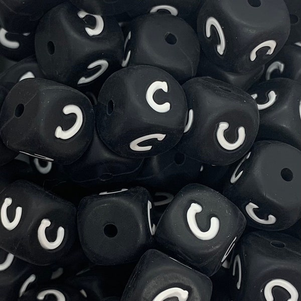 12mm Black Letter C Silicone Beads, Silicone Beads,  Alphabet Square Silicone Beads, Letter Silicone Beads