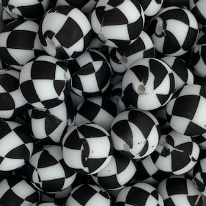 15mm Checkered Flag Silicone Beads, Silicone Beads, Checkers Print Round Silicone Beads, Silicone Beads