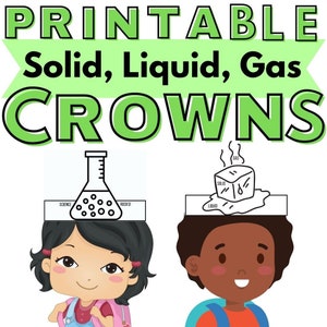 May include: Printable crowns for kids to wear. The crowns are decorated with images of a beaker, ice cube, and steam. The text "Solid, Liquid, Gas" is written in black on a green banner.