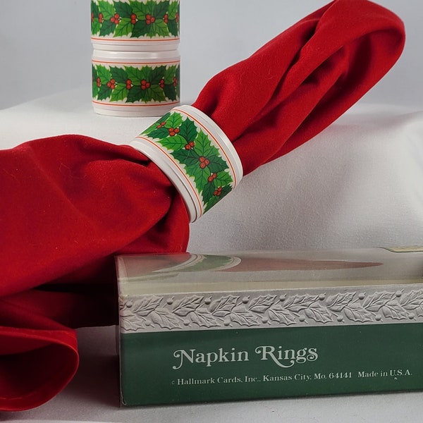 Vintage Hallmark Holly Napkin Rings Set of Four (4) Green Leaves Red Berries Plastic in Box