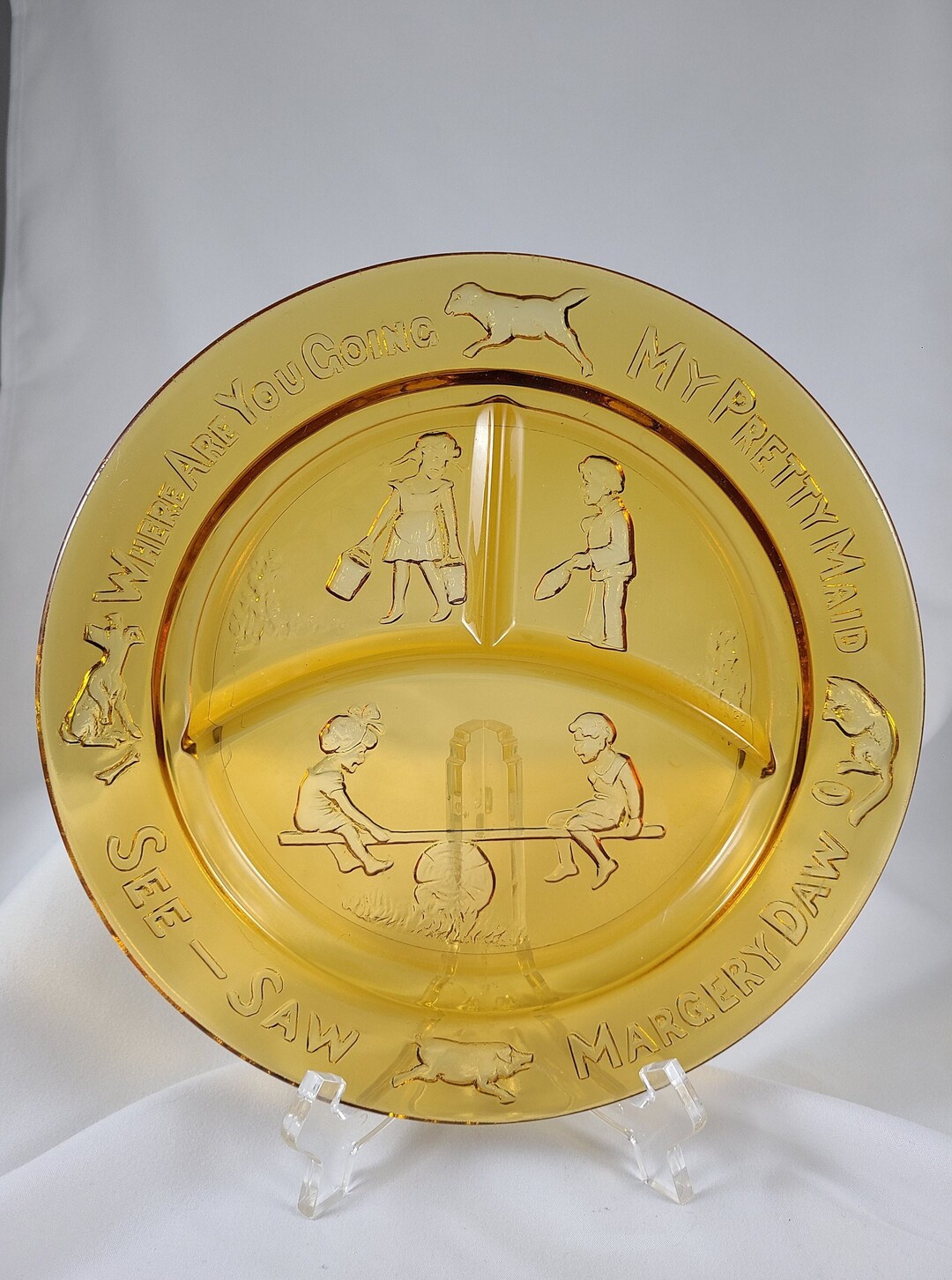 Vintage Tiara Glass Nursery Rhyme Plate in Amber Pressed Glass See
