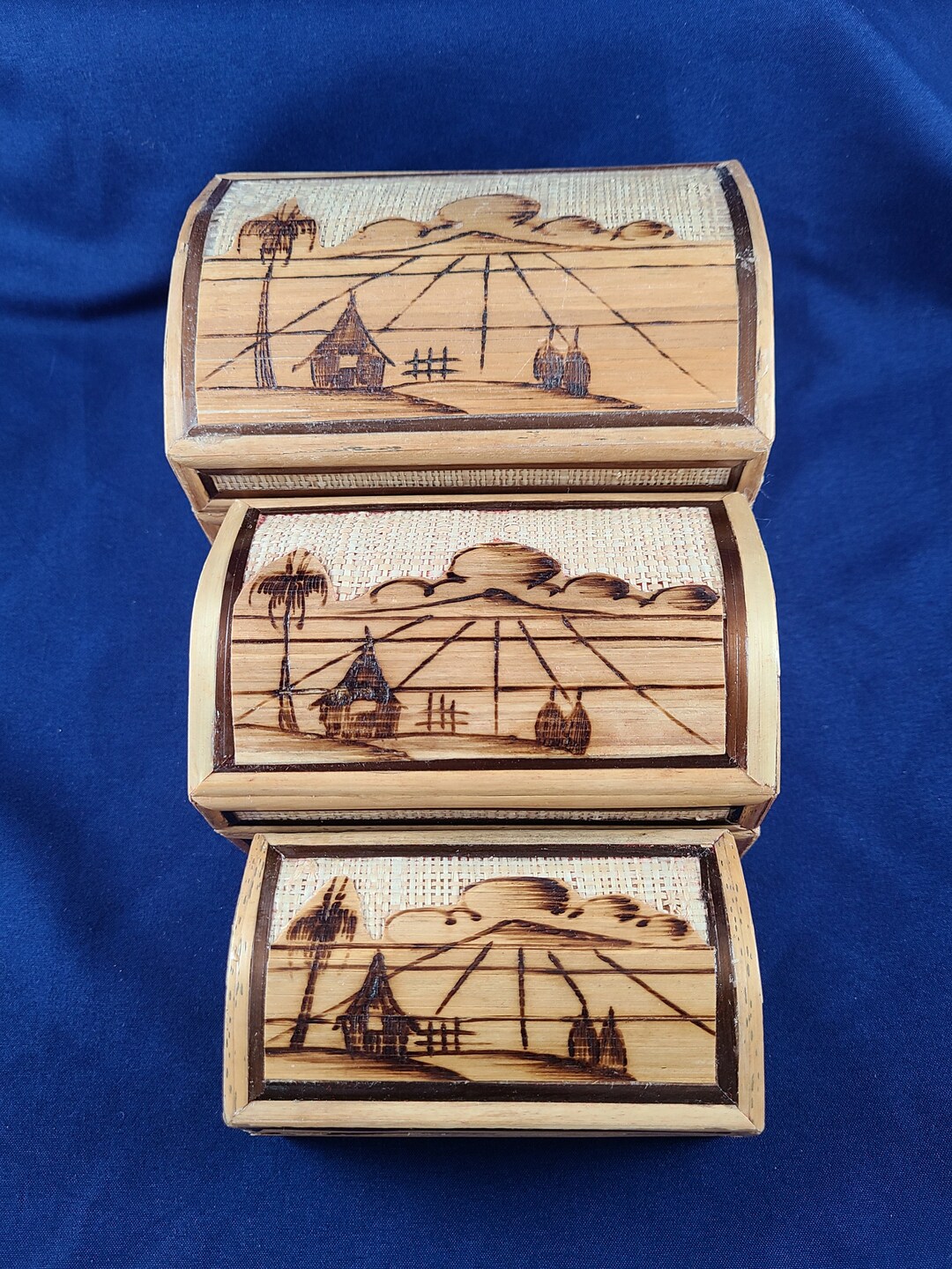 Vintage Nesting Boxes set of Three Keepsake Jewelry Wood Burned Design