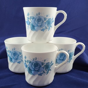 Vintage CorningWare Blue Velvet Rose Mugs Set of 4 Swirl Tea Cup Coffee Mugs Made in the USA
