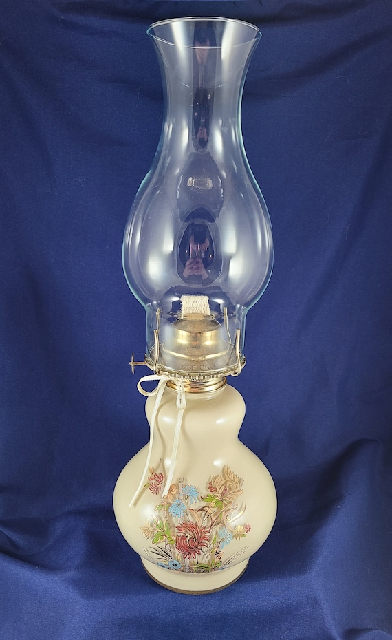 Vintage Kaadan Hurricane Oil Lamp Tan Asian Flowers Bamboo Green
