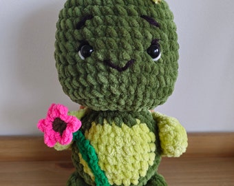 Crochet Turtle Plushie with Flower: Handmade Chenille Toy