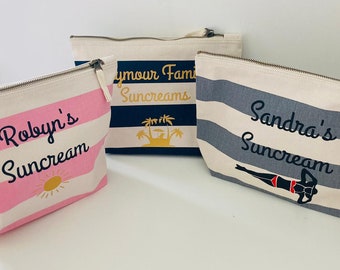 Personalised Holiday suncream beach toiletry bag- choice of colour, wording and logo