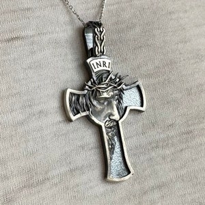 JESUS Christ Cross Necklace, 925 Sterling Silver INRI Jesus Pendant, Crucifix Necklace, Religious Jewelry, Crucified Jesus Portrait Necklace