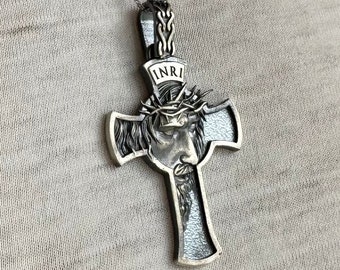 JESUS Christ Cross Necklace, 925 Sterling Silver INRI Jesus Pendant, Crucifix Necklace, Religious Jewelry, Crucified Jesus Portrait Necklace