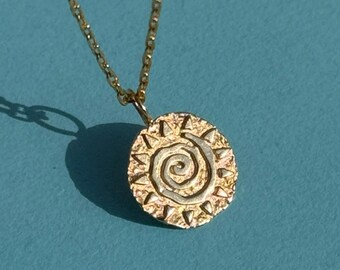 Ancient Spiral Sunburst Necklace, 14k Solid Gold Minimal Sun Symbol Charm, Handmade Solar Deity Pendant