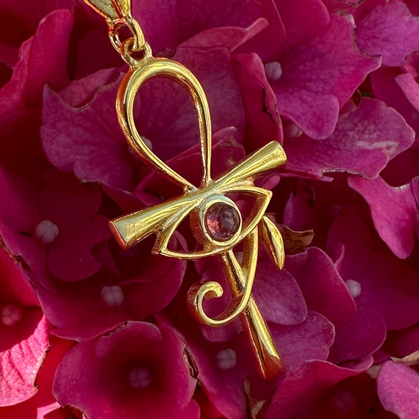 Minimal Ankh Necklace, 14k Gold Vermeil Eye of Horus Ankh Pendant, Egyptian Mythology Jewelry