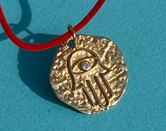 14k Solid Gold Little Hamsa Hand Necklace, Minimal Evil Eye Charm, Protective Amulet