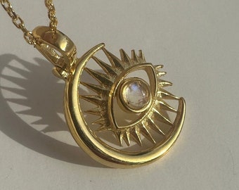 Moonstone Crescent EYE Amulet Necklace | 925 Sterling Silver Eye Talisman Pendant