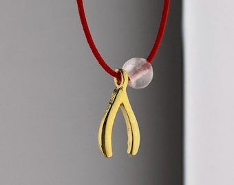 Little Wishbone Necklace, 925 Sterling Silver Red String Lucky Charm, Tiny Merrythought Pendant